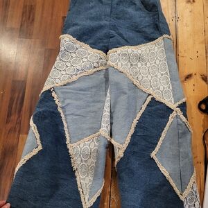 Boho Patchwork Flare Jeans in Blue and Cream